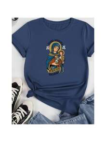 Basic Printed Cotton T-Shirt, Catholic, Our Lady Of Perpetual Help, Religious, Unisex - Navy Blue - View 1