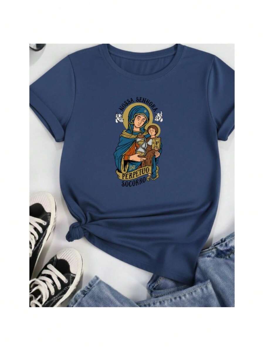 Basic Printed Cotton T-Shirt, Catholic, Our Lady Of Perpetual Help, Religious, Unisex - Navy Blue - View 1