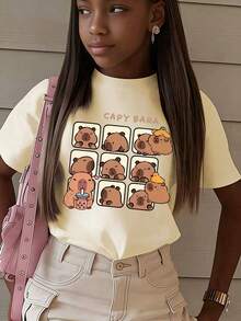 Camiseta de manga corta informal con cuello redondo y estampado de carpinchos para niña preadolescente - Albaricoque - Ver 9