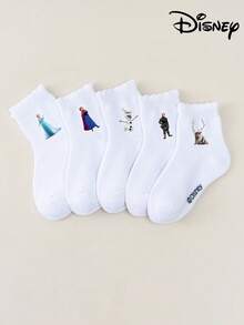 Disney 1/5 Pairs Elsa, Anna, Olaf, Kristoff Sven, Black Double Bar White Mid-Calf Socks,Girls' Short Socks, Boys' Short Socks, Daily/Party Gifts/Easter/Spring Summer Socks, Girls' Short Socks, Soft Comfortable Breathable Ankle Socks Non-Slip Boat Socks, Cute Casual Style, Daily Wear/Party Gifts/Easter/Summer