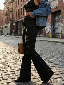 Women's Fashionable Ripped Denim Flare Jeans - Slim Fit, Butt-Lifting, Button Detail, Frayed Hem, Hot Pants For Casual Outings - Black - View 5