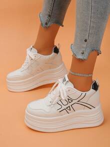 Women's Platform Wedge Sneakers, Colorblock Sporty Casual Lace-Up Fashion Versatile Low-Top Casual Shoes, White, Hidden Heel, Spring/Autumn - Black and White - View 5