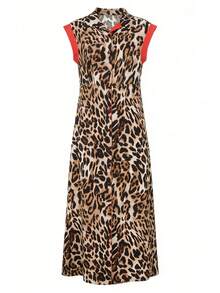 Leopard Print Color Block Sleeveless Dress, Women's Spring/Summer, V-Neck - Red - View 1