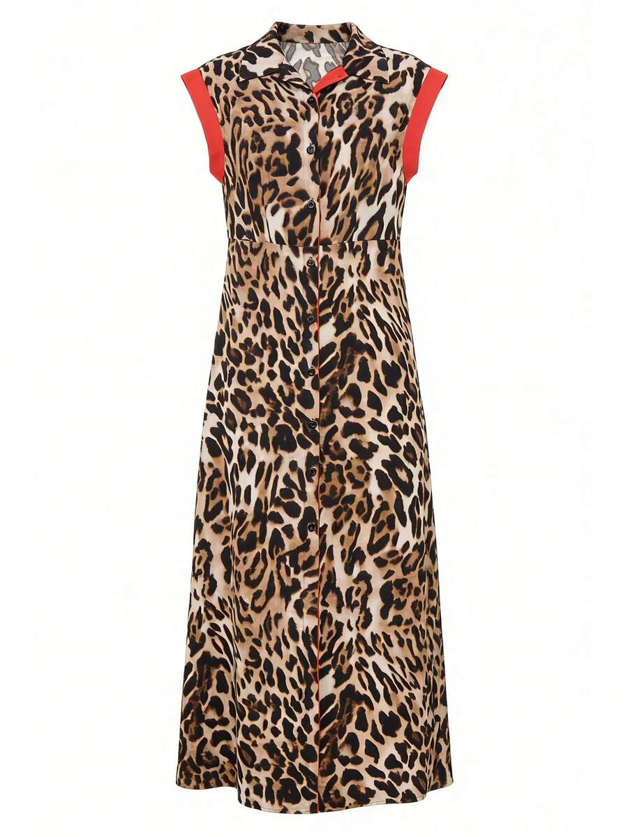 Leopard Print Color Block Sleeveless Dress, Women's Spring/Summer, V-Neck - Red - View 1