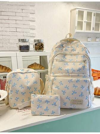 3pcs Nylon Bow Print Backpack Set, Foldable Multi-Pocket Large Capacity Zipper Backpack, Suitable For Teenagers, High School Students, College Students, Ladies For Daily Use, Commuting, Travel, Also An Ideal Valentine's Day Gift. Fashionable Backpack With Pencil Case, Cute Bow Backpack, Back To School Essential, School Supplies, Bookbag, Student Backpack
