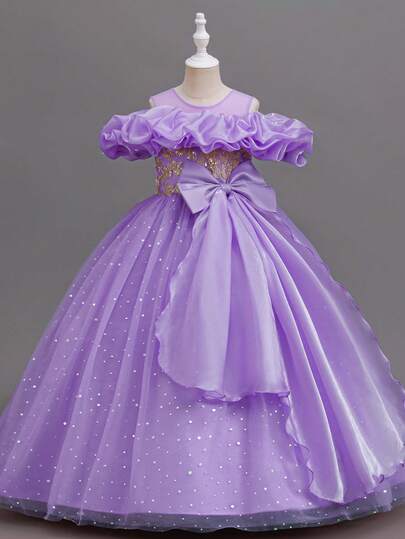 Girls' 3D Floral Off-Shoulder Embroidered Mesh Party Dress, Princess Dress For Birthday Party, Performance, Piano Recital