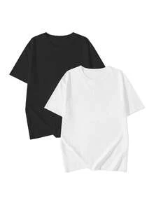 2pcs/Set Women's Casual Loose Round Neck Short Sleeve T-Shirt, Versatile Solid Color, Spring Summer - Black + White - View 7