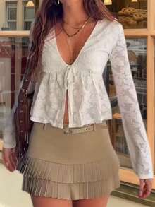 Women's White Lace Tie Front Top | Long Sleeve Flared Cuff V Neck Peplum Top For Street & Brunch - White - View 4