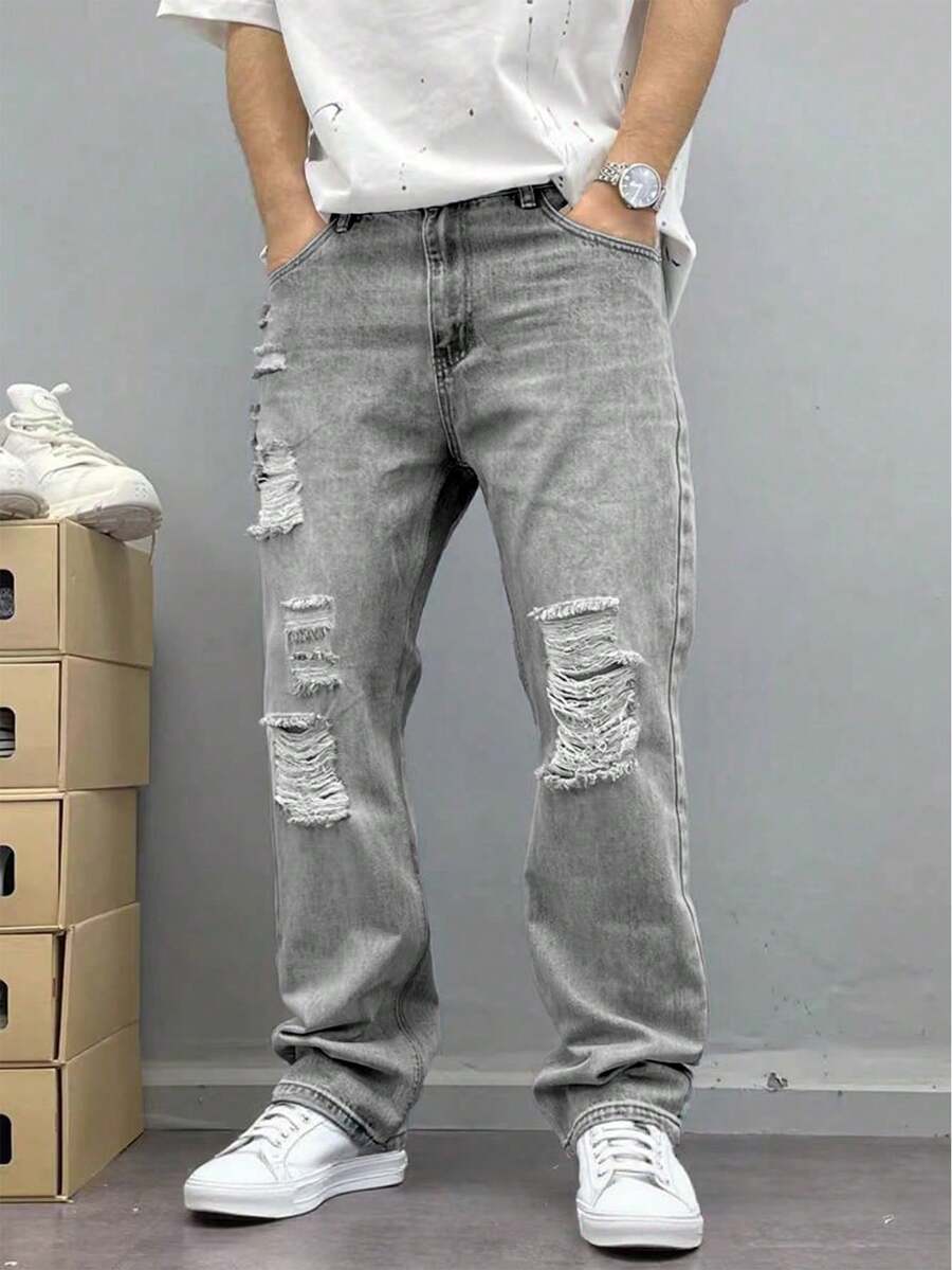 Men's Loose Distressed Casual Denim Jeans - Fashionable Relaxed Fit - Grey - View 1