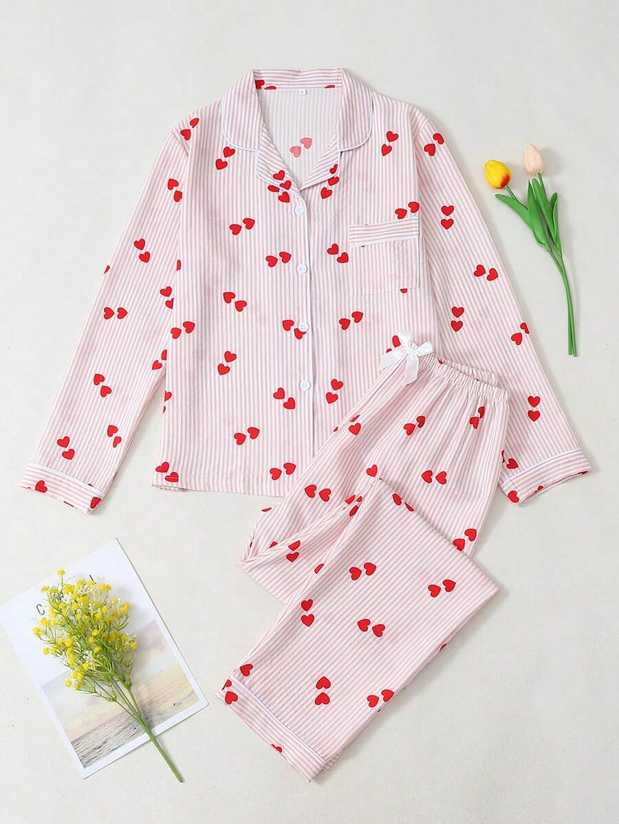 Bonmuse Bộ đồ ngủ dài tay nữ in hình trái tim kẻ sọc, chất liệu nhăn nhẹ, kiểu dáng phồng. - Hồng - Xem 1