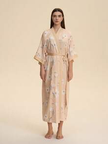 Vintage Loose Bohemian Floral Kimono Cover Up, Elegant Fashion Casual Wear, Lightweight Robe, Beachwear Cover Up, Summer - Apricot - View 5