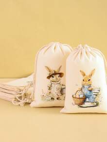 6个复活节礼品袋 - 趣味兔子图案棉质束口礼品袋，可重复使用，适用于派对礼品包装、家居复活节装饰、珠宝收纳袋、春夏假日派对礼物包装用品