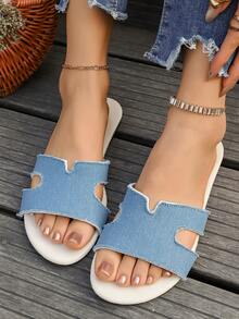 （建议选购大一码）女士套脚凉鞋，夏季闭趾平底塑料拖鞋，软底带衬垫浴室拖鞋，可爱休闲家居拖鞋，适合女士、学生、浴室穿着 - 藍色 - 查看 5