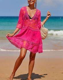 Women's Contrast Lace Loose Swimsuit Cover Up Beach Dress - Swimwear 2025 IBGX - Cỏ xanh - Xem 5