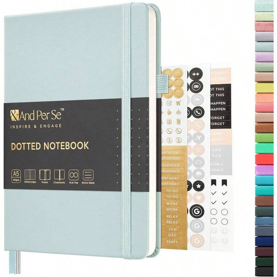 - Cuaderno de diario punteado, diario de piel de tapa dura A5, 160 pginas de papel de puntos grueso de g/, 3 hojas de calcomanas incluidas, 5. 8 pulgadas verde - Cian - Ver 1