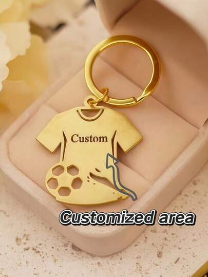 Custom Chain-Free Football Keychain - Gold-Tone Stainless Steel, Laser-Cut Name & Jersey Design, Durable Casual Style Keychain, Boy's, Perfect Gift For Sports Fans, Sports Fan Accessories | Personalized Keychain | Durable Metal Keychain