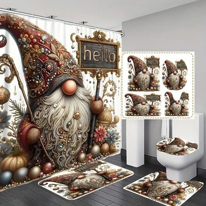 1 st/4 st Retro Lyxigt Badrumsset med Pärlgnommönster Inklusive Duschdraperi Tredelars Set Fyrdelars Set