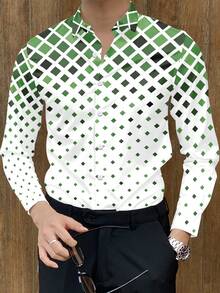 Men's Bohemian Style Long Sleeve Casual Shirt - Green & White Geometric Pattern, Polyester Fabric, Button Collar, Machine Washable, Suitable For Spring & Autumn - Green - View 4