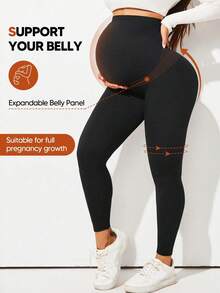 Autumn/Winter New 1 Piece Plus Size Maternity Pants, Black Super High Waist Elastic Maternity Leggings, Adjustable Waistband, Comfortable Soft Yoga Workout Casual Maternity Wear Sports - Black - View 3