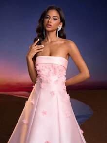 Vestido maxi con espalda descubierta, corpiño de satén lujoso con estampado floral de Anymoon, adecuado para graduación, baile de graduación, dama de honor, gala de alta gama, fiesta de compromiso, celebración del Eid - Rosa - Ver 9