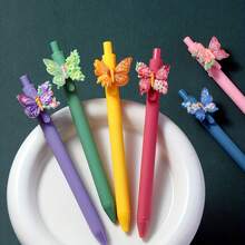 12支/6支装彩色蝴蝶圆珠笔，蝴蝶系列按压式圆珠笔，派对礼品，文具套装，可用于日记、学习，可爱设计，耐用塑料材质，轻巧笔身，按压式出墨 - 黑色 - 查看 6