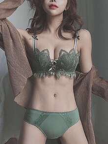 Christmas Sexy Lace Underwear Set, Knitted Underwear, Wireless Night Bra, Underwear Set, Loungewear, Bra Top, Lingerie - 綠色 - 查看 7