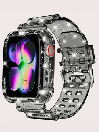 2 In 1 Glitter Bling Crystal Clear Band With Bumper Case Compatible With Apple Watch Band 38/40/41/42/44/45/46mm,Jelly Sports Protective Replacement Wristband Strap Compatible With Apple Watch Strap Compatible With IWatch 11/10/9/8/7/6/5/4/3/2/1/SE Women Man