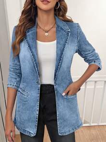 Women's Denim Blazer Jacket Casual Notched Lapel Jean Coat Long Sleeve Button Down Office Outwear With Pockets - Rửa nhẹ - Xem 7