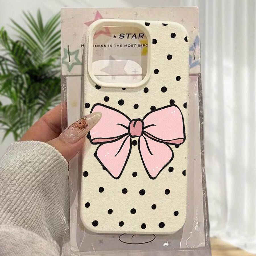 Black Polka Dot Pink Bowknot Lychee Texture Large Hole Faux Leather Texture Suitable For Apple  17 Air 17 16 15 14 13 12 Pro Max/17 16 15 14 Plus 13 12 11 Pro/X/Xs Max Phone Case TPU Anti-Slip Anti-Drop Anti-Fingerprint Protective Case Unisex Holiday Birthday Gift - 白色 - 查看 1