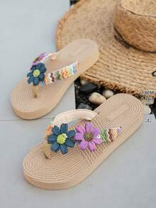 Sandalias de mujer con decoración de margaritas, sandalias planas de rayas de colores, zapatos de suela de cuerda para playa y vacaciones de verano, esencial casual de viaje - Neblina azul - Ver 5