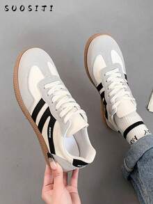 女士多功能时尚休闲平底鞋，防滑系带圆头橡胶底休闲运动鞋，黑色和卡其色拼色日常休闲鞋，尺码 36-41 - 黑與白 - 查看 3