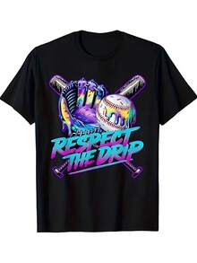 Boys' Baseball Glove & "Respect The Drip" Graphic Black T-Shirt - Neon Green & Pink Sports Design, Crew Neck Casual Tee For Boys & Girls, All-Season For Back To School, Little League, Casual Attire HSY - 黑色 - 查看 8