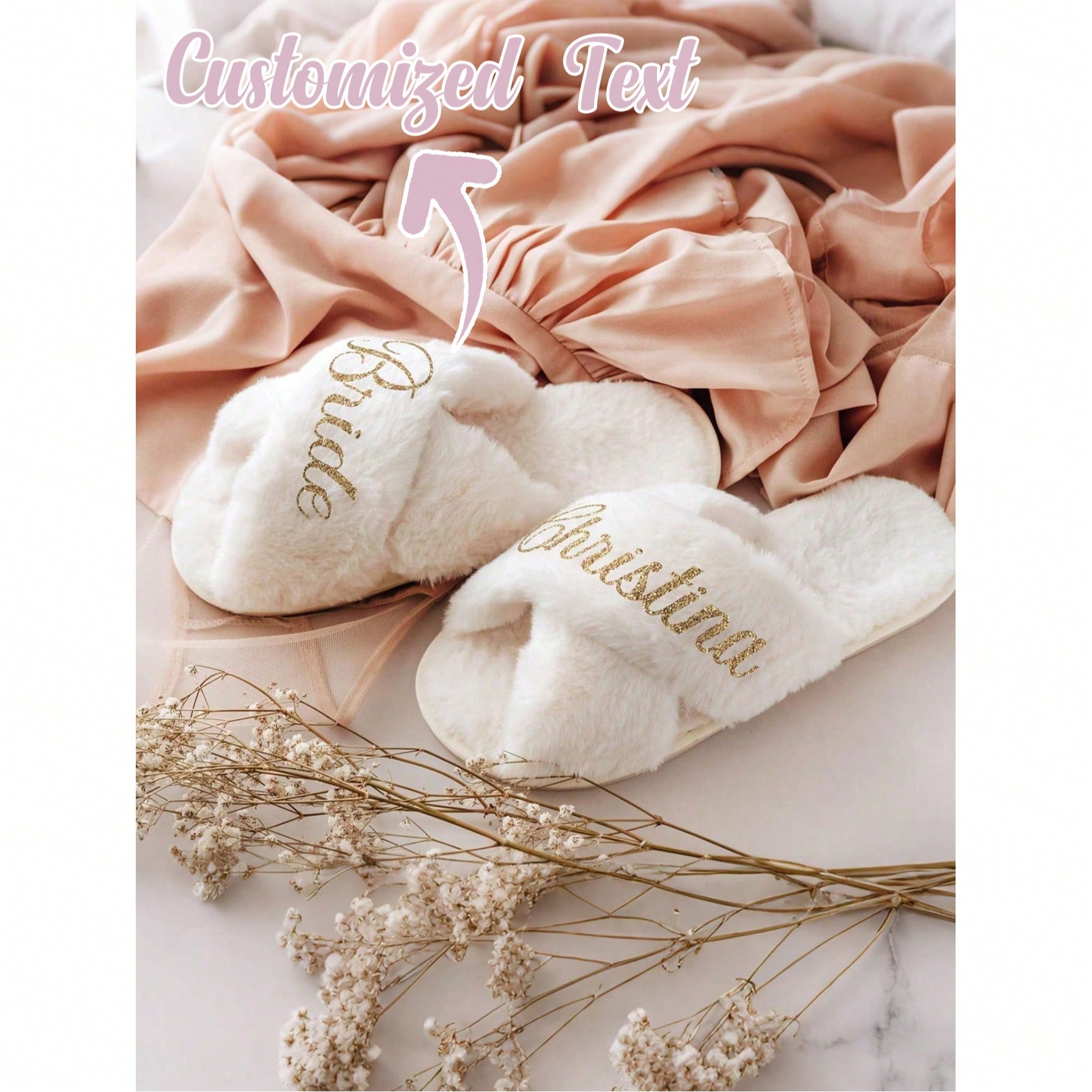 Customized Plush Slippers, Customized Bride Slippers, Plush Bridesmaid Slippers, Personalized Bride Slippers, Plush Slippers, Bride-To-Be Gift, Bridesmaid Gift, Bachelorette Party Gift, Plush Slippers, Colorful, Cute, Adorable, Fun, Kawaii, Y2K Style, Fashionable, Unisex, Casual, Customized, Personalized, Unique, Tailor-Made, Ideal Gift For Him, Ideal Gift For Her, Boyfriend, Girlfriend, Family, Friends, Customized For Weddings And Events