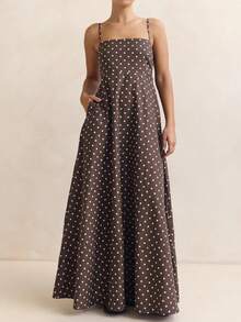 Women's Polka Dot Vest Dress With Open Back And Thin Straps Elegant Long Summer Vacation Dress Flowing Slip Dress - 巧克力棕 - 查看 3