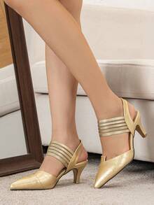 Women's Pointed Toe Asymmetrical Party Gathering Elastic Band Embossed Stiletto High Heel Pumps, Spring/Summer - Gold - View 2
