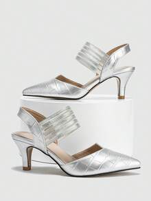 Zapatos de tacón alto tipo stiletto para mujer con punta puntiaguda, diseño asimétrico, banda elástica y relieve, para fiestas y reuniones, primavera/verano - Plateado - Ver 5