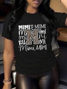 Große Größen Mimi Leopardenmuster M Handschriftlicher Text. Grafik T-Shirt, Casual Komfort Top für den täglichen Gebrauch Schwarz - Schwarz - Übersicht 6