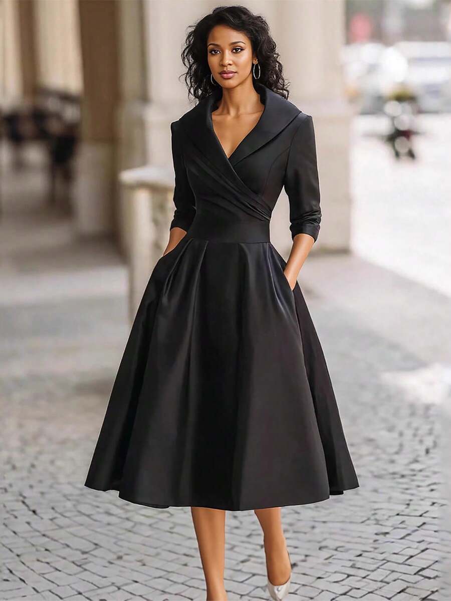 Spring Elegant Mid Long Dress With Pockets Sexy Pleated Design Slim Waist Women Solid Dresses - Black - View 1