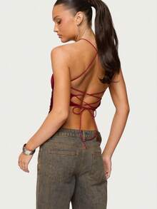 Women's Tassel Cross Backless Top - Elegant And Fashionable Slim Fit Sleeveless Hanging Neck Vest, Suitable For Clubs, Concerts, Daily Gatherings, Dates, Etc - 紅色 - 查看 2