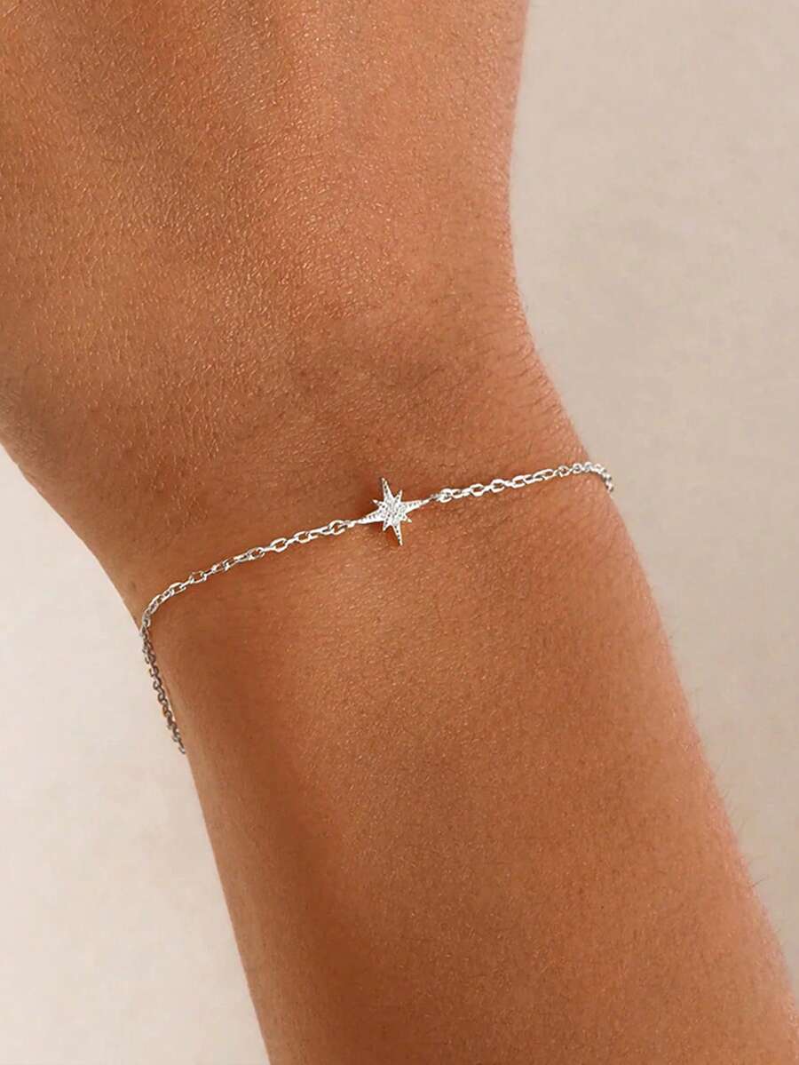 1Pc Fashion S925 Sterling Silver Eight-Pointed Star Cubic Zirconia Bracelet Fine Jewelry Suitable For Women's Daily Wear, Nightclub Party, Gathering - Silver - View 1