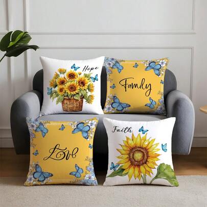 4pcs Blue Butterfly, Floral, Sunflower Pattern Cushion Covers, Single-Sided Soft Peach Velvet Material, 45*45CM Pillow Covers Suitable For Home, Bedroom, Living Room, Party, Holiday Decor, Sofa Decorative Pillow Covers, Gift (No Pillow Insert)
