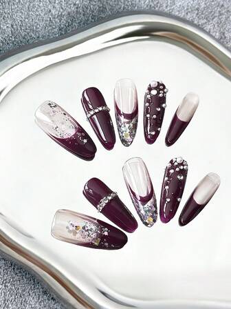 Ovala naglar, handgjorda press-on-naglar i fransk stil med pärla-strass-glitter-ombre, handmålade kreativa mönster och år 2000-färgblocksdesigner - Heltäckande konstgjorda DIY-glitterlösnaglar för fester, sammankomster, nyårsevenemang och firanden - 10 st/påse