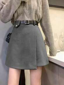 Asymmetrical Design Wool A-Line High Waist Midi Skirt - Grey - View 3
