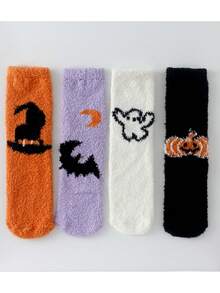 4 pares de calcetines de forro polar doble cara cálidos para niños, calcetines de media caña con temas de Halloween y Navidad, aptos para otoño/invierno - Multicolor - Ver 12