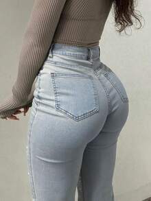GILIPUR Y2K Style Rhinestone Flare Jeans, Solid Color High Waist Slim Elegant Casual Women's Pants, Stretchy Light Blue Washed Long Trousers, Street Style Spring - Light Wash - View 5