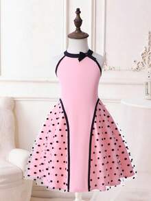 Đầm lưới chấm bi cổ tròn thanh lịch cho bé gái, thích hợp cho mùa cưới. - Hồng - Xem 1