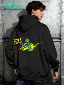 Disney Zootopia Series Stylish Stitch Print Hoodie, Men's Loose Long Sleeve Drawstring Hoodie, Print Autumn/Winter Hoodie (Men's Pullover Hoodie, Black Hoodie, White Hoodie, Winter Hoodie, Gray Hoodie, Men's Winter Hoodie, Plus Size Hoodie) - Black - View 4