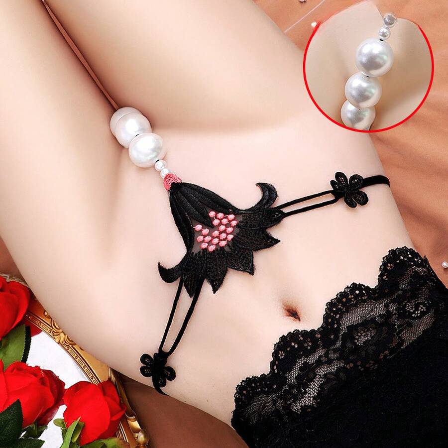 1 Piece Sexy Lace Embroidery Hollow Pearl Thong, Thin Flower Pearl Butterfly Combination - 421綠色 - 查看 1
