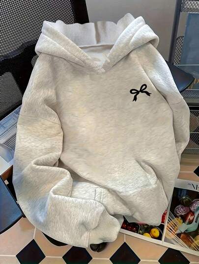 Women's Light Grey Hooded Sweatshirt With White Bow Print, Cute Y2K Sweatshirt For Winter