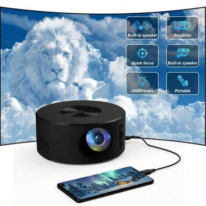 便携式迷你投影仪，内置立体声扬声器和USB供电 - 护眼家庭影院，支持屏幕镜像，设计紧凑，适合室内/室外电影、游戏、旅行，迷你便携投影仪，室内娱乐，可壁挂，高效散热系统，多媒体连接